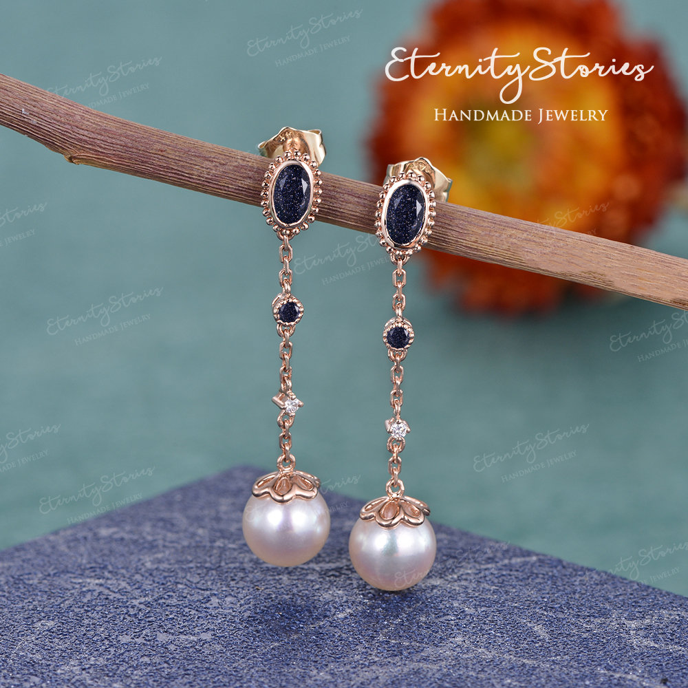 Perlen Und Blauer Sandstein Ohrringe Art Deco Eardrop Galaxie Schmuck Blauer Kristall Tropfen Frauen Rosegold von EternityStories