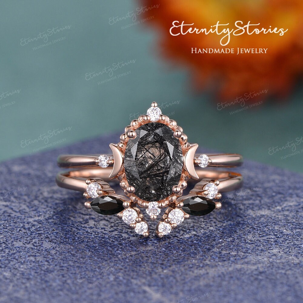 Salz Und Pfeffer Schwarz Rutilquarz Verlobungsring Mystisch Oval Kristall Brautset Vintage Mond Ring Marquise Onyx Roségold von EternityStories