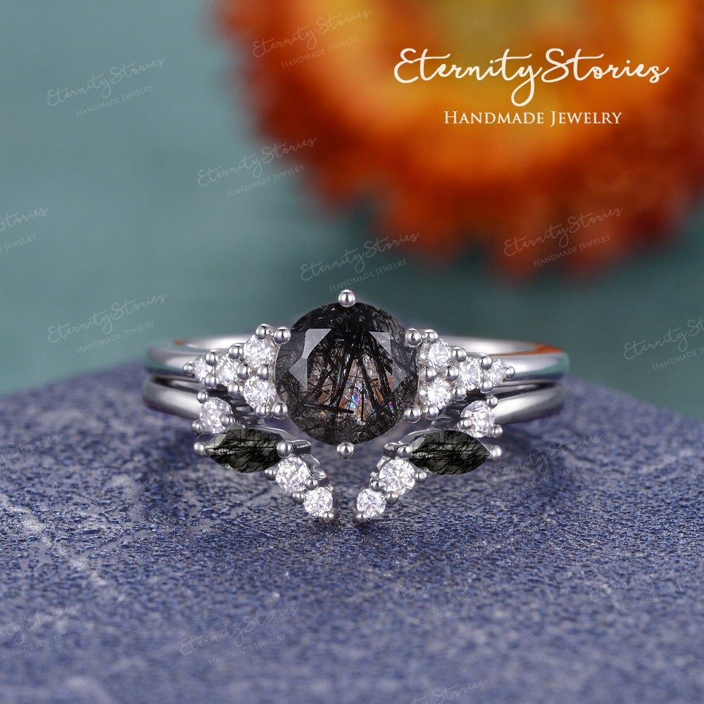 Salz Und Pfeffer Schwarzer Kristall Verlobungsring Rundschliff Schwarz Rutilquarz Ring Set Cluster Rosegold Braut Frauen Offener Ehering von EternityStories