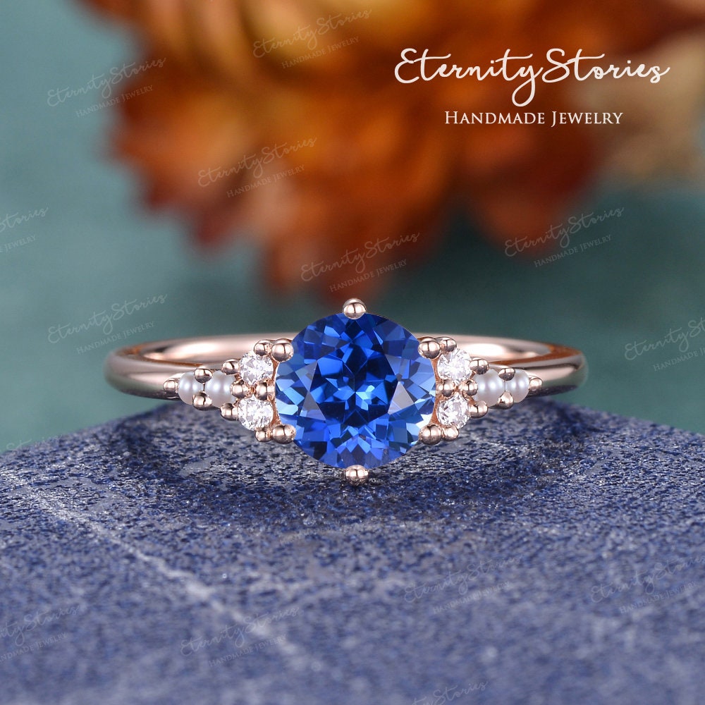 Sapphire Und Perle Verlobungsring Cluster Rundschnitt Lab Rosegold Frauen Vintage Krone Brautring Versprechensring von EternityStories