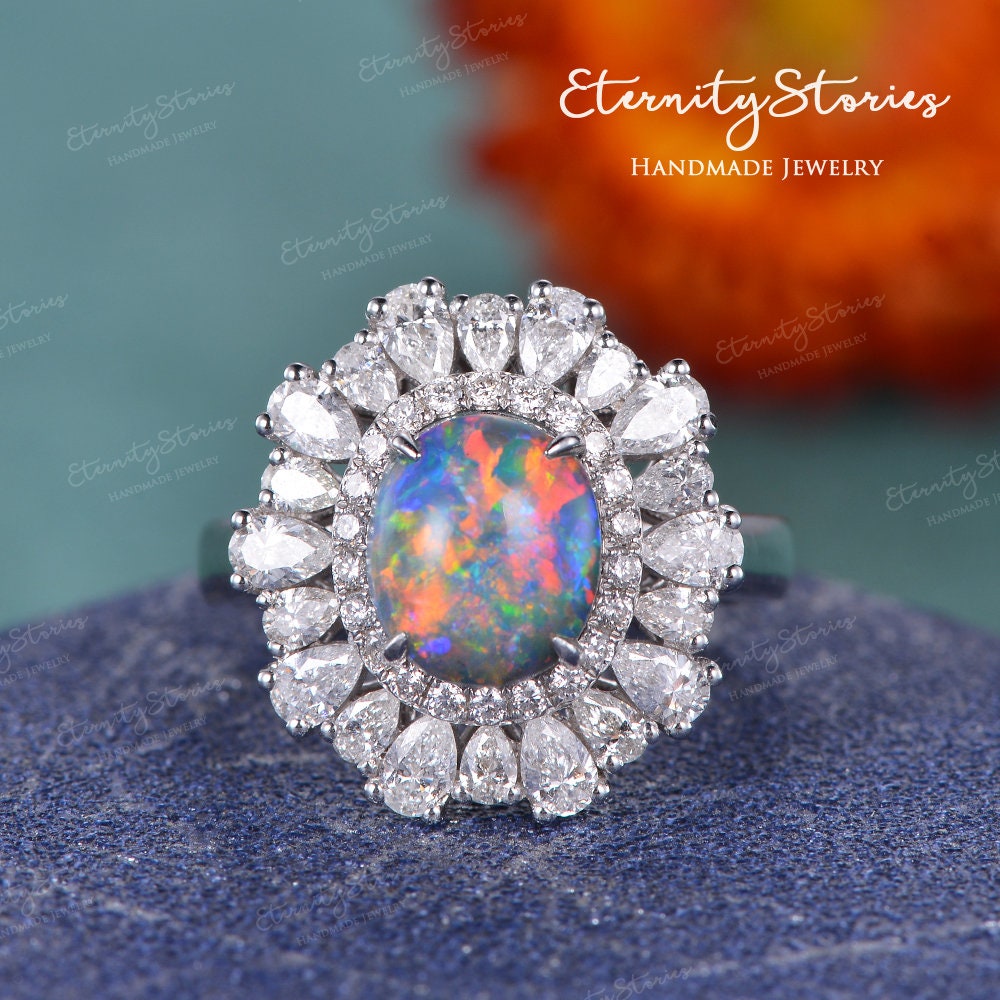 Schwarzer Opal Verlobungsring Kissenschnitt Lab Fire Weiß Gold Frauen Floral Cluster Double Halo Ehering Cocktail Ring von EternityStories