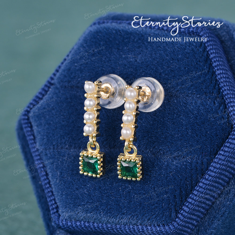 Smaragd Ohrring Vintage Natürliche Perle Art Deco Ohrringe Solid Rose Gold Tropfenohrring Mini Tropfen Schmuck Frauen von EternityStories