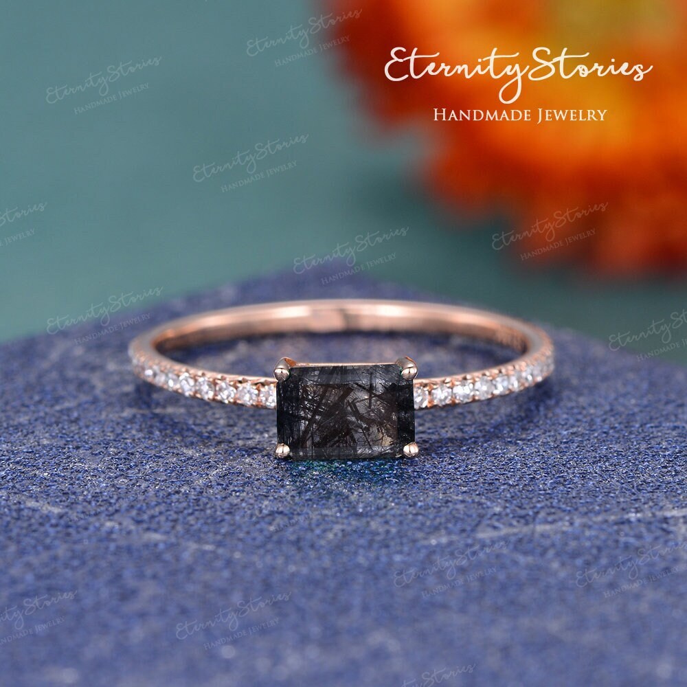 Smaragdschliff Schwarz Rutilquarz Verlobungsring Solitär Kristall Ring Roségold Frauen Diamant/Moissanit Full Eternity Jubiläum Geschenk von EternityStories