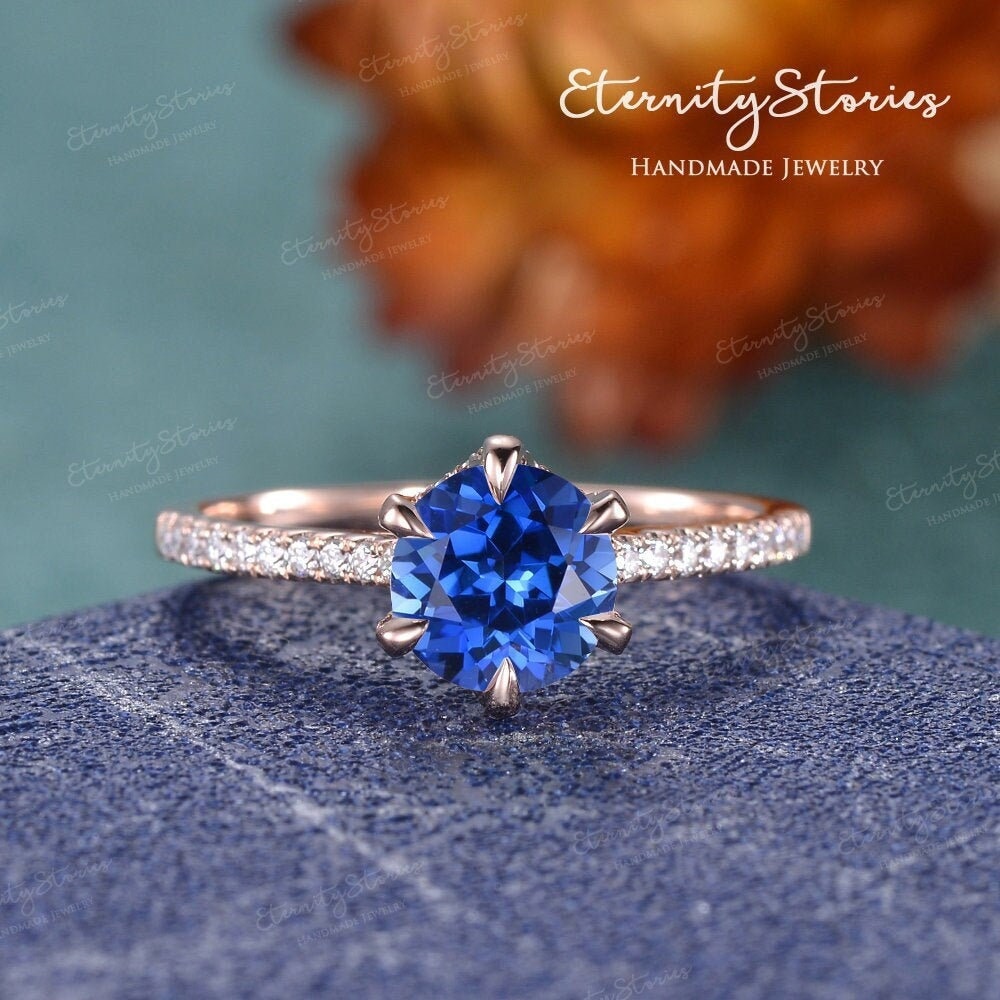 Verdeckter Heiligenschein Rundschliff Saphir Verlobungsring Lab Roségold Ehering Halb Ewigkeit Diamant Pave Krone Versprechen Ring Frauen Geschenk von EternityStories