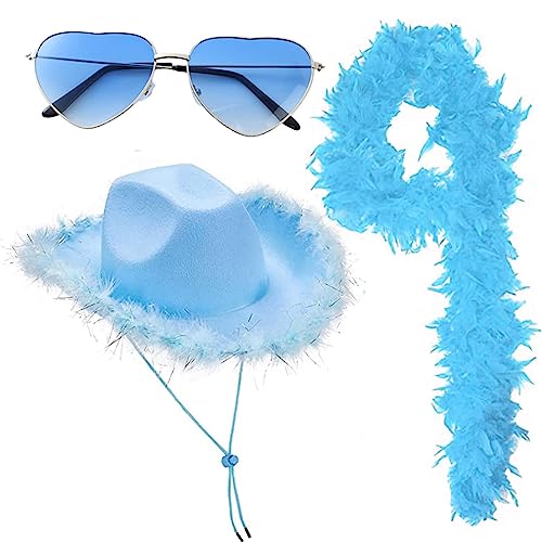 Eteslot Federboa und Herzbrille und Cowboyhut, Blauer Cowgirlhut, Cowboyhut, flauschig und Federboa mit Sonnenbrille für Dating, Hochzeitsurlaub von Eteslot