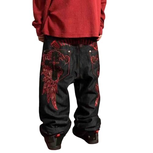 Ethbox Herren Hip-Hop-Retro-Totenkopf-bestickte gewaschene Denim-Hose Y2K Jeans Gothic Straight Tube Loose Wide Leg Pants, Schwarz, XL von Ethbox