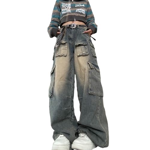 Ethbox Multi Pocket Retro Arbeitshose Damen Hohe Taille Lose Y2K Casual Jeans Gothic Wide Leg Pants, Blau, S von Ethbox