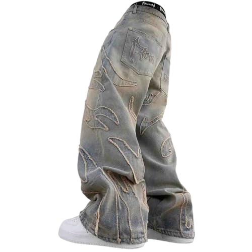 Ethbox Y2K Jeans Herren Hip-Hop Retro Flame Spleißen Weites Bein Damen Gothic Straight Tube Loose Jeans, Schlamm Farbe, XXL von Ethbox