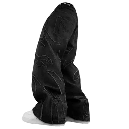 Ethbox Y2K Jeans Herren Hip-Hop Retro Flame Spleißen Weites Bein Jeans Damen Gothic Straight Tube Loose Jeans, Schwarz, S von Ethbox
