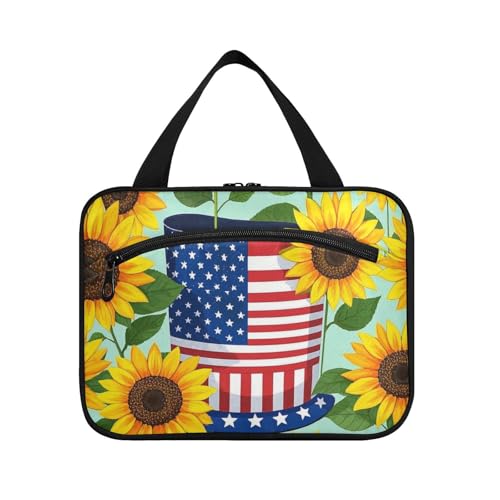 4. Juli Unabhängigkeitstag gelbe Sonnenblume hängende Damen-Kulturbeutel mit Haken, wasserdichte Designer-Kosmetiktasche für Accessoires, ein Muss für Camping, Maleta Para Maquillaje L, 4. Juli von EtherSpher