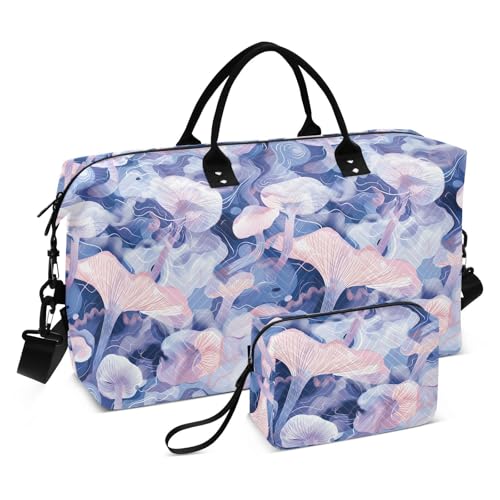 Abstrakte Pilze Digitale Illustration Blau Rosa Weiß Dekorative Große Tasche Turnbeutel mit verstellbarem Riemen zum Wandern 2-teiliges Set Bolso de para Mujer Avion von EtherSpher