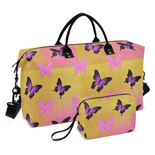 Animal Butterfly Gold Magenta Gradient Dekorative Reisetasche Turnbeutel mit Kulturbeutel für Workout Multifunktional Bolsa para viajar en Avion de Mujer von EtherSpher