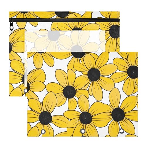 Binder-Bleistifttaschen mit 3 verstärkten Ösen, Stifthalter für 3 Ringe, 2 Stück, Studenten, College-Zubehör, Black-Eyed Susan, einfache Linienkunst, Valentinesnes von EtherSpher