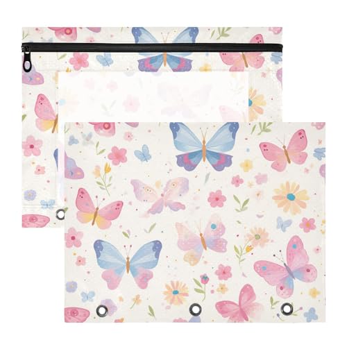 Binder-Federmäppchen, 3 Löcher, 3 Locher für A4-Papier, Briefe, 2 Stück, für Schüler, Studenten, Lehrerbedarf, bunte Schmetterlinge und Blumen von EtherSpher