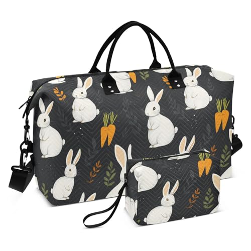 Bolso Para, Turnbeutel mit verstellbarem Gurt, Motiv: weiße Kaninchen, Karotten, schwarz, dekorativ, groß, mit verstellbarem Gurt, für Geschäftsreisen, 2-teiliges Set Bolso Para, Turnbeutel mit verstellbarem Gurt, Motiv: weiße Kaninchen, Karotten, schwarz, dekorativ, groß, mit verstellbarem Gurt, für Geschäftsreisen, 2-teiliges Set von EtherSpher