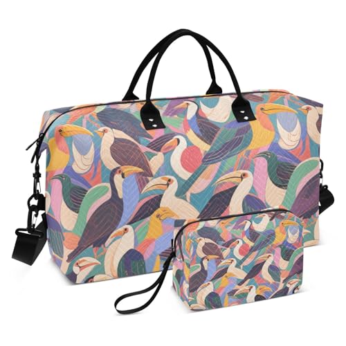 Bunte Cartoon-Hornbill dekorative große Reisetasche mit Kulturbeutel für Trekking, 2-teiliges Set, Bolsa de para Hombre von EtherSpher