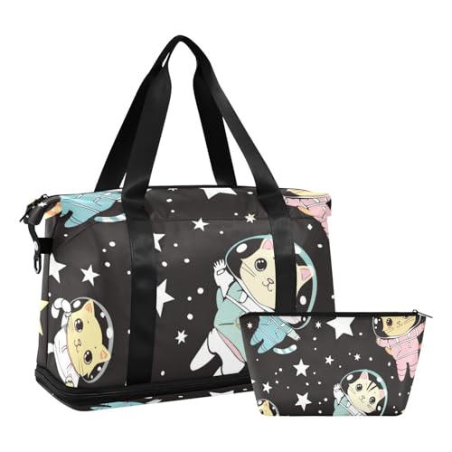 Bunte Cartoon-Reisetasche mit niedlichem Kätzchen-Astronauten-Design, Wochenendtasche, mit Kulturbeutel für Trekking, große Kapazität, Bunte Cartoon-Astronauten, 1 size von EtherSpher