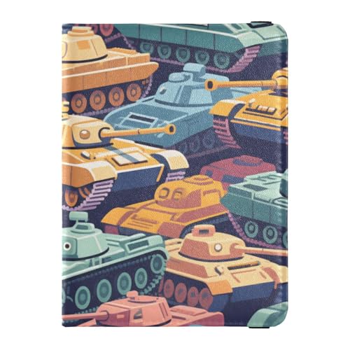 Bunte Cartoon-Tank-Leder-Reisepass- und Impfkarten-Halter, Kombination für Reisen, Reisedokumente, Organizer, Schutz, Geldbörse, Reisepasshülle für Damen, wasserdicht von EtherSpher