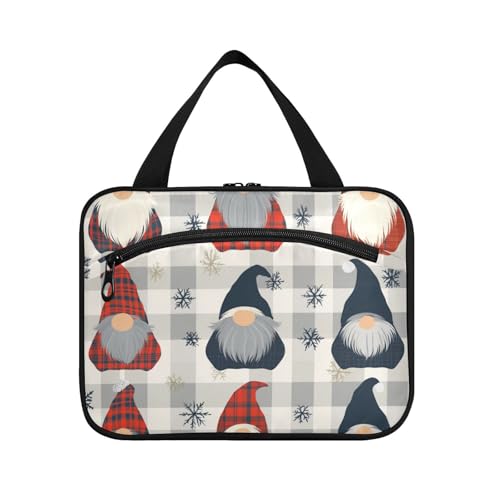 Bunte Zwerge Büffelkarierte Schneeflocken Frohe Weihnachten hängende Reise-Kulturbeutel für Frauen mit Haken, tragbare Designer-Tasche für Toilettenartikel für Reisezubehör, Arbeit Bolso de Maquillaje von EtherSpher