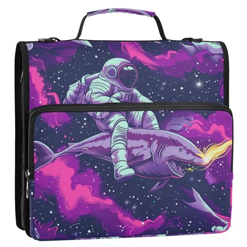 Cartoon Cool Astronaut Reiten Fisch Meer Psychedelische Galaxie Weltraum 3,8 cm 3 Ringe Organizer Ordner mit Schultergurt und Griff Mehrere Taschen Portfolio-Ordner Geeignet für Mittelschule von EtherSpher
