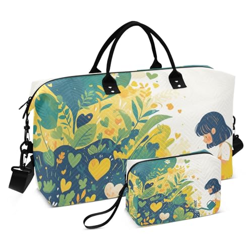 Cartoon Cute Girl Green Decorative Shoulder Weekender Overnight Bag Sports Duffel Bags with Toiletry Bag for Business Trips Multifunctional maletines para mujer de von EtherSpher