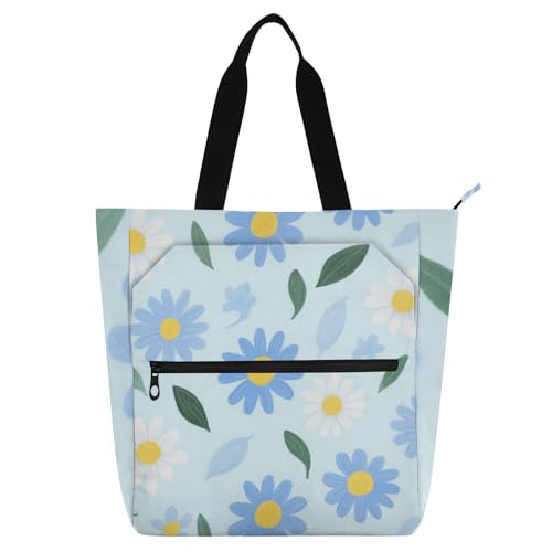 Dekorative Bücher-Tragetasche für Kinder, Jungen, Mädchen, schöne blaue und weiße Gänseblümchen, wasserdicht, Bibliotheksbuch-Tragetasche, Schultertasche mit Taschen für Schule, Einkaufen, Strand von EtherSpher
