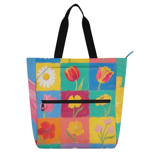 Dekorative Büchertasche für Jungen, Mädchen, Erwachsene, buntes Blumen-Karomuster, große Einkaufstasche mit Reißverschluss-Griffen, für Schule, Einkaufen, Lebensmittel, Regenbogenfarben von EtherSpher