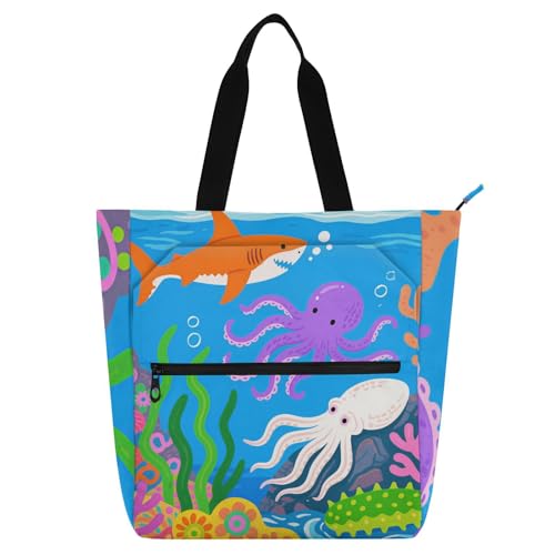 Dekorative Kinder-Büchertasche für Jungen, Mädchen, Erwachsene, niedliche Cartoons und bunte Kraken und Haie, wasserabweisend, Kinder-Aktivitätstasche, Kunst-Tragetasche mit Reißverschluss, für Schule von EtherSpher