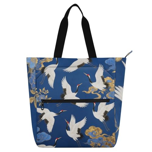 Dekorative Kinder-Tragetasche für Kinder und Erwachsene, blauer und goldener japanischer Wolkenkranich, wasserabweisende Handtaschen, Lebensmittel-Strandtasche mit Reißverschlusstaschen für Schule und Dekorative Kinder-Tragetasche für Kinder und Erwachsene, blauer und goldener japanischer Wolkenkranich, wasserabweisende Handtaschen, Lebensmittel-Strandtasche mit Reißverschlusstaschen für Schule und von EtherSpher