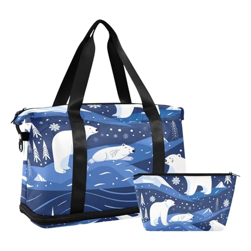 Dunkelblauer Turnbeutel mit Eisbär-Cartoon-Motiv, Reisetasche, Wochenendausrüstung, Tasche mit verstellbarem Riemen für Trekking, 2-teiliges Set, Dunkelblauer Eisbär-Cartoon, 1 size von EtherSpher