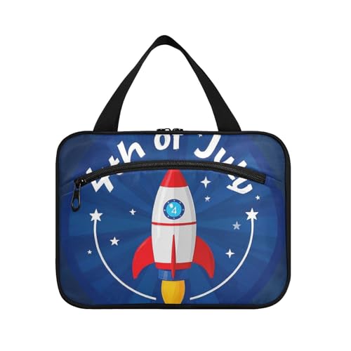 EtherSpher 4. Juli Unabhängigkeitstag Rote und blaue Raketen hängende Reise-Kulturbeutel für Herren mit Haken, waschbare Designer-Make-up-Taschen für Erwachsene, Fitnessstudio, Estube de Maquillaje von EtherSpher