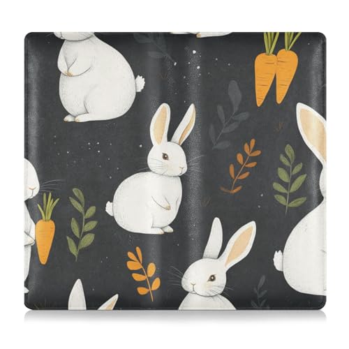 EtherSpher Auto-Versicherungs- und Registrierungskartenhalter mit Cartoon-Motiv, weißes Kaninchen, Karotten, schwarzes Premium-Leder, Handschuhfach-Organizer für wichtige Dokumente, Führerschein von EtherSpher
