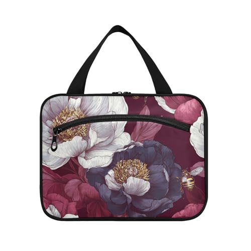 EtherSpher Beauty Peonies Kulturbeutel zum Aufhängen, mit Haken, erweiterbare Designer-Make-up-Tasche für Damen, Burgunderrot, Größe L, Beauty Pfingstrosen, Burgunderrot, Large von EtherSpher