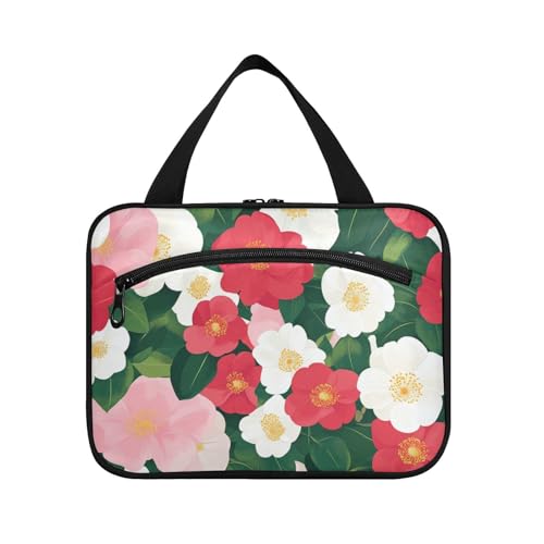 EtherSpher Beauty Spring Make-up-Tasche zum Aufhängen, mit Fächern mit Haken, schicke Designer-Make-up-Tasche für Reisezubehör, WC-Organizer, Größe L, Rot und Blumen, Beauty Spring Rot und Blume und von EtherSpher