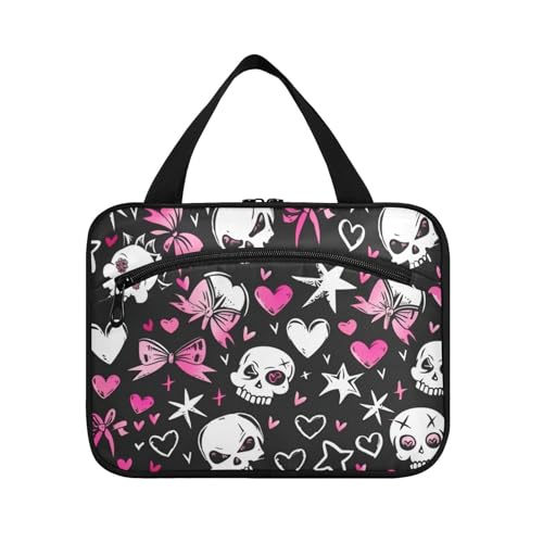 EtherSpher Black and Blush Pattern with White Skulls Black Background Cute Bow on Head Hearts Stars and Bows in Style Of Monster High Hanging toiletry kit for men with hook, designer, Schwarz und EtherSpher Black and Blush Pattern with White Skulls Black Background Cute Bow on Head Hearts Stars and Bows in Style Of Monster High Hanging toiletry kit for men with hook, designer, Schwarz und von EtherSpher