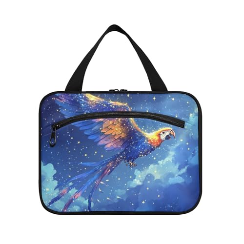 EtherSpher Blau-goldener leuchtender fliegender Papageien-Reise-Kulturbeutel zum Aufhängen mit Haken, Designerutensilien, Make-up-Tasche, Organizer für Zubehör, ein Muss für Fitnessstudio, Bolso para von EtherSpher
