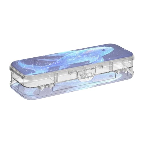 EtherSpher Blaue und goldfarbene transparente Stiftebox mit fliegendem Fisch-Design, doppelstöckig, Hartschalen-Etui für Schreibwaren, mit Schnappdeckel von EtherSpher