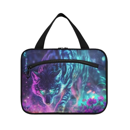 EtherSpher Blaugrüne Reisetasche mit Wolfstier und Haken, Designer-Kulturbeutel zum Aufhängen, für wichtige Dinge für Frauen, Arbeit, Maletín para maquillaje L, Blaugrünes Wolfstier, Large von EtherSpher