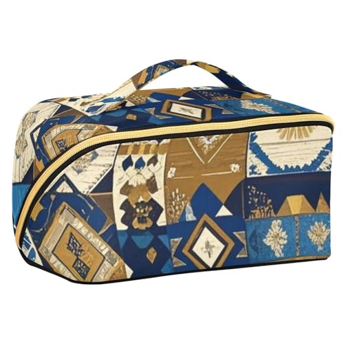 EtherSpher Boho-Kosmetiktasche für Damen, mit Fächern und Griff, reguläre Textur, mit Trennwänden, Blau / Gold von EtherSpher