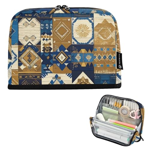 EtherSpher Bolsas para erramientas Federmäppchen, Boho-Stil, normale Textur, großes Fassungsvermögen, Make-up-Tasche, Reißverschluss, Aufbewahrungs-Organizer für Erwachsene, adretter Schulbedarf, Blau von EtherSpher