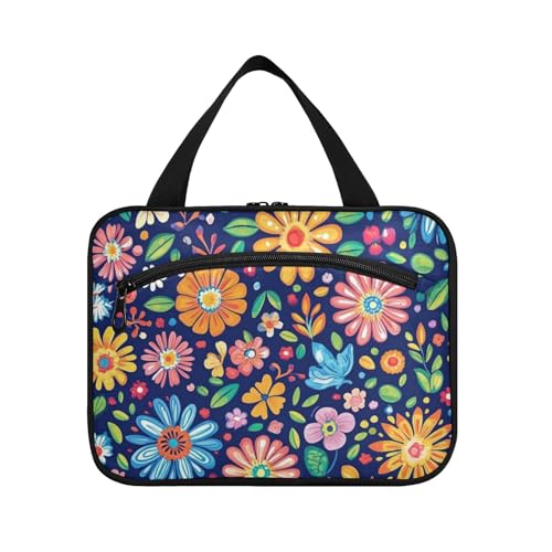 EtherSpher Bunte Blumen-Make-up-Tasche für Damen, mit Haken, tragbare Designer-Bürstentasche für Reisende, Arbeit, Bolso de Mano Para, Hombre L, Mehrfarbiges Blumenmuster, Large von EtherSpher