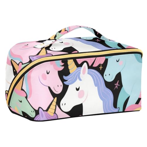EtherSpher Bunte Cartoon-Tier-Einhörner-Reisetasche mit Trennwänden, tragbare Reise-Kosmetiktasche für Damen, vertikal, freistehend von EtherSpher