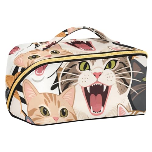 EtherSpher Bunte Cartoon-Tier-Katzen-Reisetasche mit Trennwänden, tragbare Kosmetiktasche für Damen, vertikal, freistehend von EtherSpher