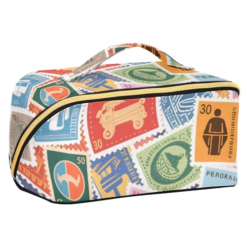 EtherSpher Bunte Kosmetiktasche mit Cartoon-Briefmarken, mit Trennwänden, Kosmetiktasche für Geldbörse, mit Fächern und Griff von EtherSpher