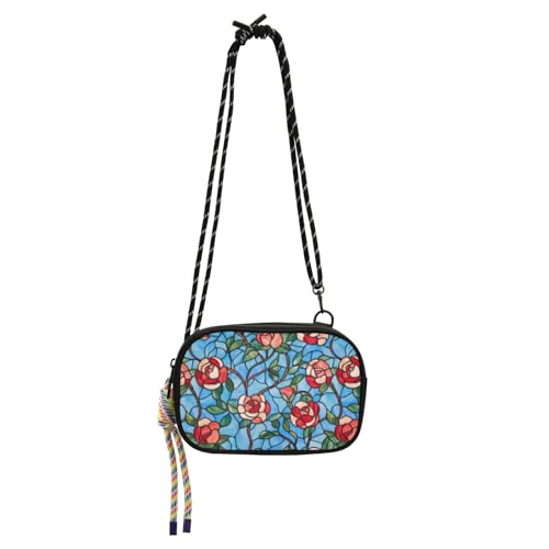 EtherSpher Buntglas Blooming Rose Floral Crossbody Geldbörse Damen Geldbörse Wasserdicht mit verstellbarem Riemen Schwarz Handtasche Datum von EtherSpher