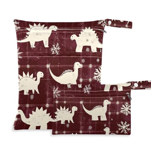 EtherSpher Burgunderrote Dinosaurier-Büffelkarierte Schneeflocken, Weihnachts-Badeanzug, 2 Stück, Reiseutensilien für Babys, mit Griffen, für Reisen, Fitnessstudio von EtherSpher