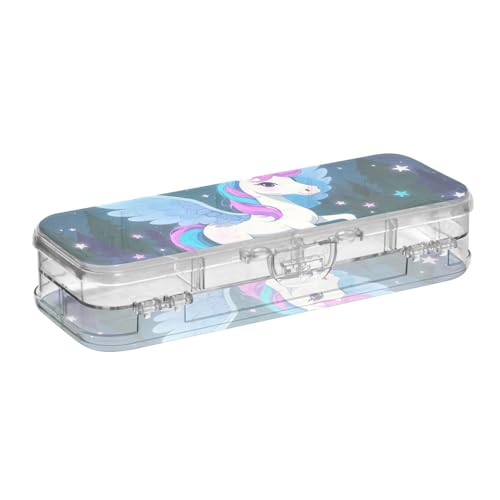 EtherSpher Cartoon-Bleistiftbox mit niedlichem weißen Regenbogen-Einhörnern, transparent, Kunststoff, doppellagig, für Schreibwaren, mit Schnappverschluss und Deckel von EtherSpher