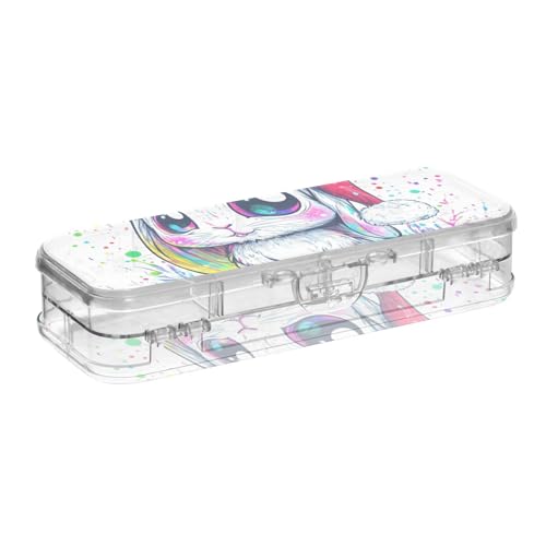 EtherSpher Cartoon-Box mit niedlichem Frohe Weihnachten, weißes Kaninchen-Design, transparent, Doppelstöckige Stiftebox für Kunstbedarf mit Deckel von EtherSpher