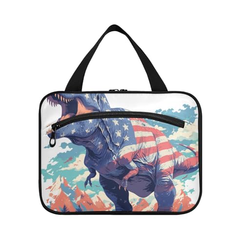 EtherSpher Cartoon Dinosaurier T-Rex 4. Juli Unabhängigkeitstag hängende Kulturtasche für Frauen mit Haken, Designer faltbare Medizintasche für Zubehör, Muss Arbeit Bolsas de Maquillaje Para, Cartoon von EtherSpher