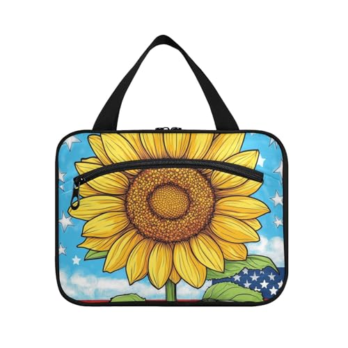 EtherSpher Cartoon gelbe Sonnenblume 4. Juli Unabhängigkeitstag hängende Größe Toilettenartikel für Herren mit Haken, Designer Uni wasserdichte Kulturtasche für Frauen, Reise-Toilettenbeutel für von EtherSpher